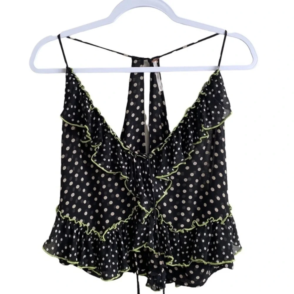 FREE PEOPLE WOMEN'S BLACK POLKA DOT DANCE TILL DOWN RUFFLE TOP Size XS